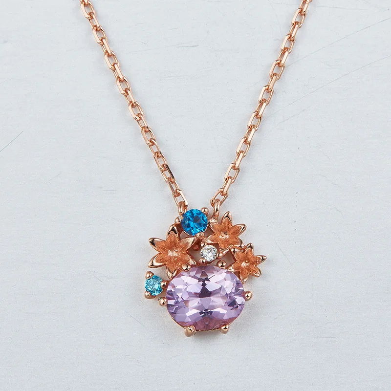 

Japanese-style Light Luxury Jewelry Accessories Flower Natural Amethyst Necklace S925 Fine Silver Gold Plated Necklace Choker