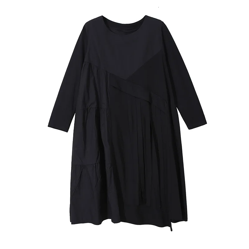 [EAM] женское черное плиссированное платье большого размера с разрезом, новинка, круглый вырез, длинный рукав, свободный крой, мода, весна-осень, 1K730 - Color: black