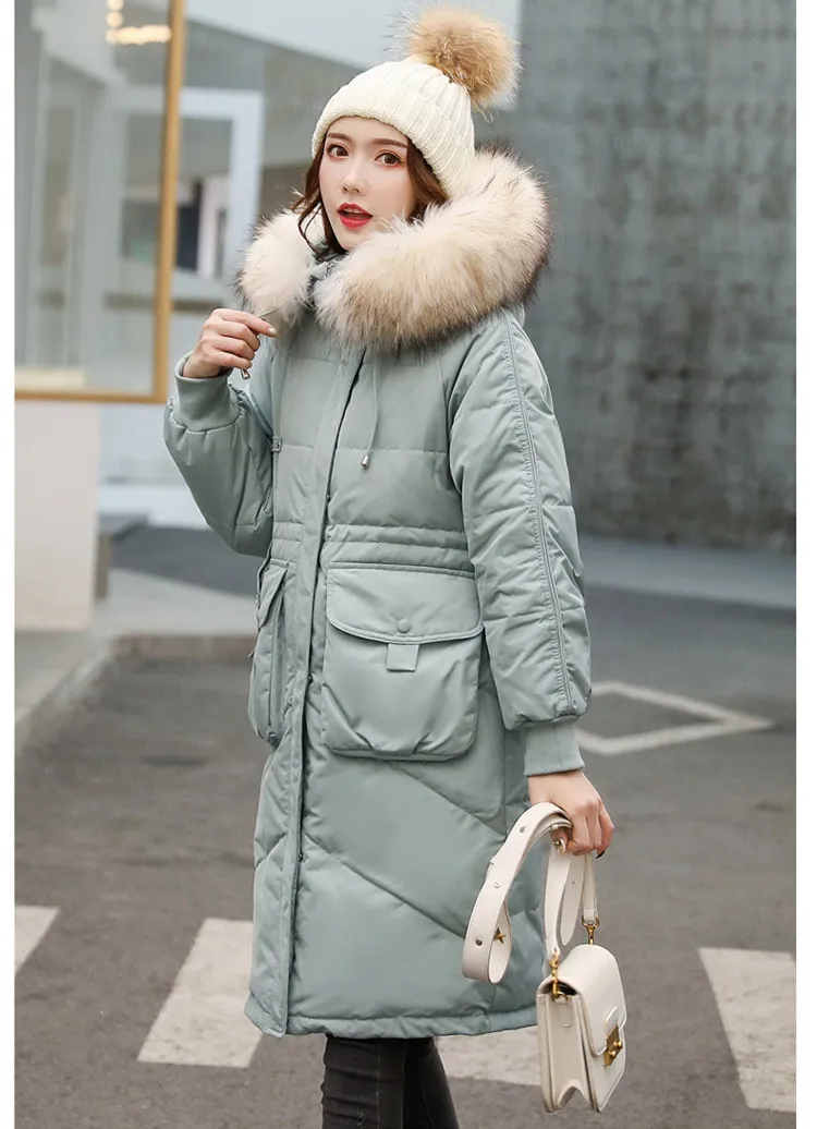 Европейские зимние женские пуховые парки, пальто, толстовка с мехом енота, женские удлиненные пальто, женская теплая одежда VF9106