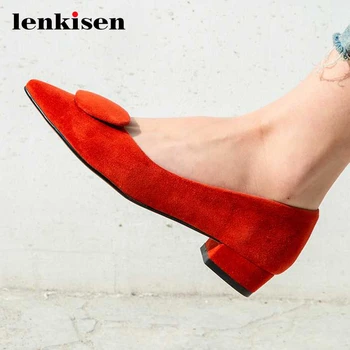 

Lenkisen simple style high quality fashion maiden sheep suede pointed toe med square heels office lady party women pumps L22