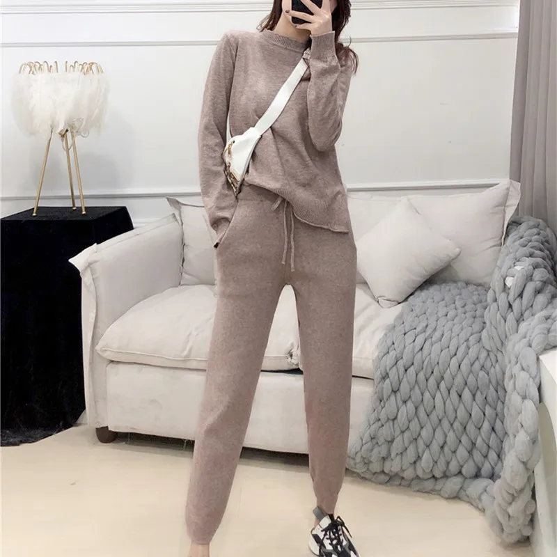 

New Autumn Casual Sweaters Tracksuit Womens Knitted Cashmere Two Piece Sets Women Sweatshirts+High waist Pants Sporting Suit