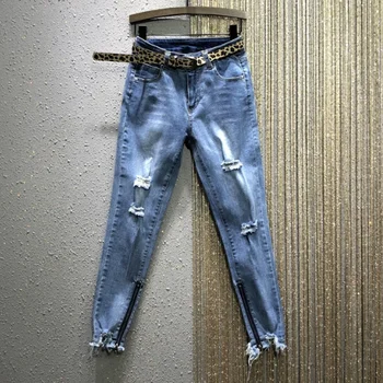 

2020 Spring New Style High-waisted Elasticity Slimming Fur Trim Zipper Skinny Pencil Pants Holes Denim Jeans Ladies Jean Jeans