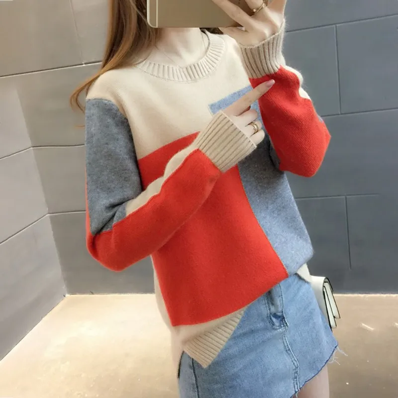 Women Sweater Patchwork Contrast Color Sweater Women Long Sleeve Sweaters Pullover Knitted Jumper Lady Sweaters Female Women Sweater Patchwork Contrast Color Sweater Women Long Sleeve Sweaters Pullover Knitted Jumper Lady Sweaters Female