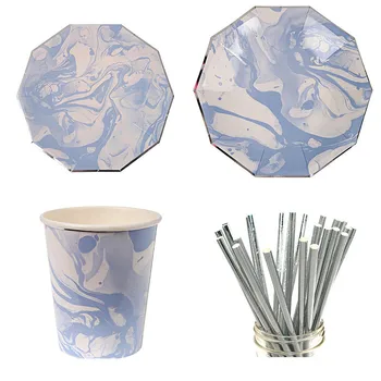 

2020 New Blue Theme Disposable Tablewares Baby Birthday Party Sets Disposable Food Grade Table Plates Cups Straws Party Supplies