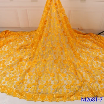 

African Sequin Lace Fabric Embroidered Nigerian Lace Fabric 2019 High Quality Yellow French Tulle Lace Fabric For Women NI2681-7