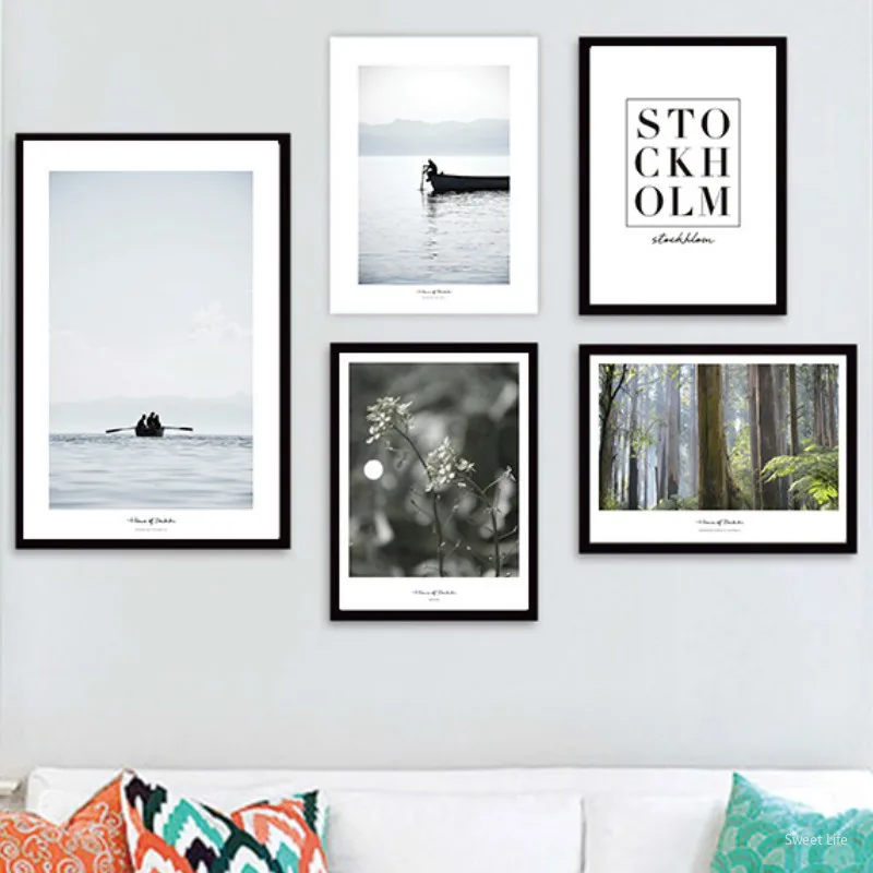 Скандинавские принты Зеленый Лес Дерево и озеро настенные картины для