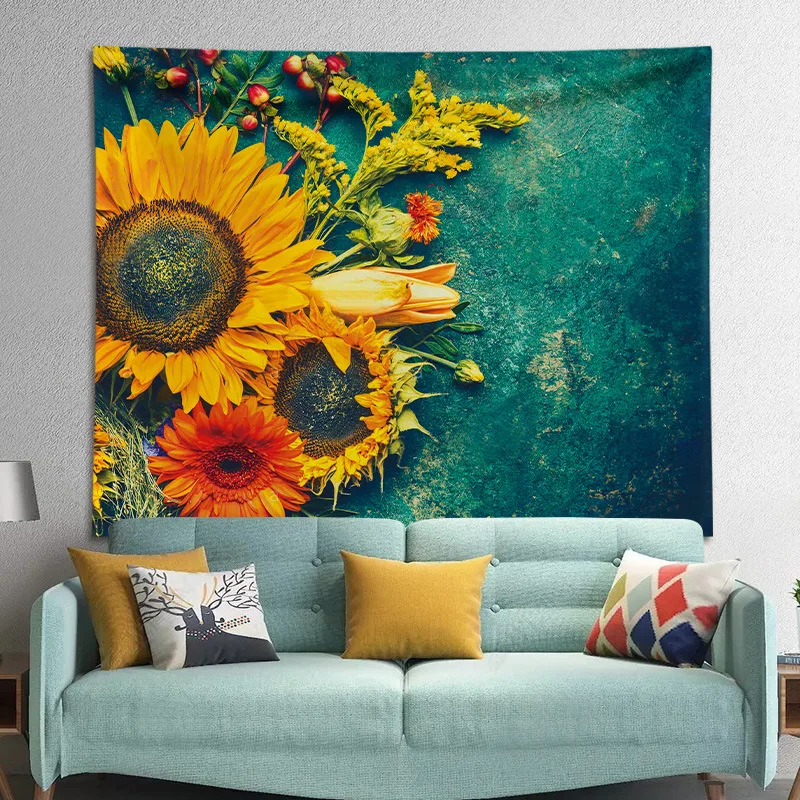 

Luxury Sunflower Blue Background Tapestry Wall Hanging European Style Oil Painting Wall Cloth Tapestries Home Decor Wall Carpet
