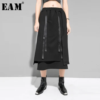 

[EAM] High Elastic Waist Black Ribbon Split Temperament Half-body Skirt Women Fashion Tide New Spring Autumn 2020 1R428