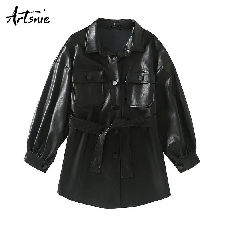 Artsnie, черная Повседневная Женская куртка из искусственной кожи, отложной воротник, длинный рукав, негабаритные пальто, двойные карманы, пояс, куртки, mujer - Цвет: Black