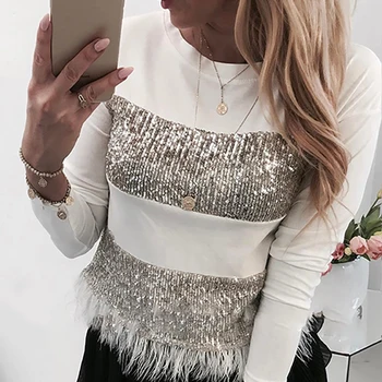 

Sequined Patchwork Tassel White Women O Neck Long Sleeve T-shirt Femme Spring Slim Fashion Tops Tee Korean Clothes 2020 SJ5359E