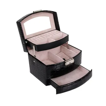 

High Grade Crocodile Print Jewelry Display Leather Box 3 Layers Ring Necklace Chain Jewelry Case Container Home Storage Supplies