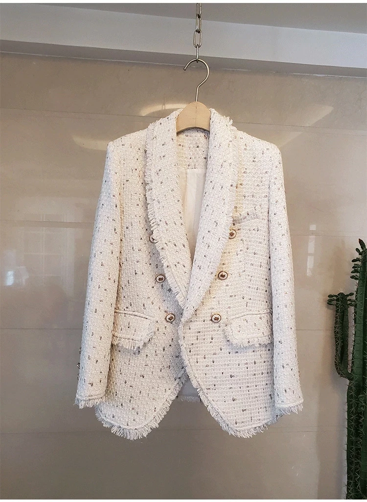 

WIGADFHK 2023 Autumn And Winter Luxury Tweed Lapel Double-breasted Runway Jacket Fringed Suit Mid-length Coat Women's Clothing