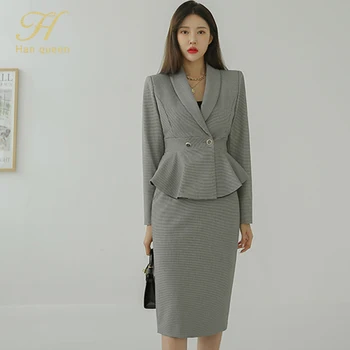 

H Han Queen New 2 Pieces Set Women Autumn Winter Blazer Jacket And High Waist Sheath Pencil Skirts SimpleOccupation Skirt Suit