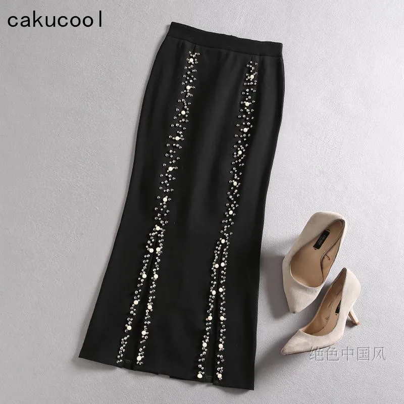 

Cakucool Pearl Beading Slit Bodycon Skirt High Waist Black Spring Mid Long Skirt Runway Design Elegant Office Slim Pencil Skirts