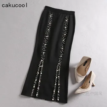 

Cakucool Pearl Beading Slit Bodycon Skirt High Waist Black Spring Mid Long Skirt Runway Design Elegant Office Slim Pencil Skirts