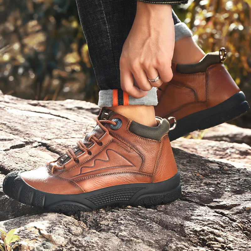 Winter Men's Boots outdoor genuine Leather Warm Leisure Shoes British Round Toe Short Plush Ankle Boots Fur snow boots men o4
