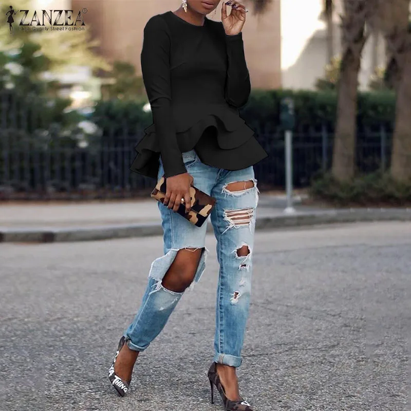 Elegant Solid Ruffle Shirts Womens Flounce Blouse ZANZEA Spring Long Sleeve Peplum Tunic Female O Neck Blusas Plus Size Tops