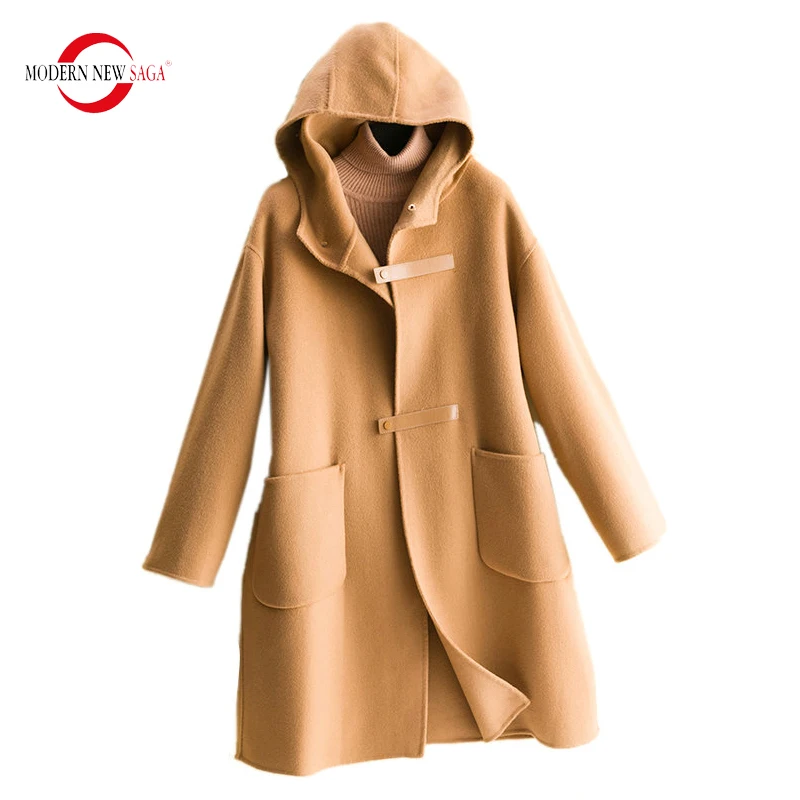 MODERN NEW SAGA Women Wool Coat Hooded Winter Loose Woolen Coat Pea Coat Autumn Wool Blend Long Jacket Woman Overcoat Parkas