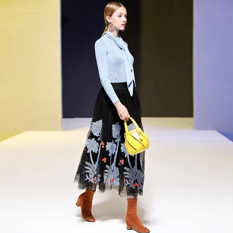 Одежда высшего качества Runway костюм, 2 предмета в комплекте для детей Топ и юбка комплект Для женщин Осень дизайнерский пуловер с длинными рукавами свитер+ вышивка Тюлевая юбка наборы для ухода за кожей