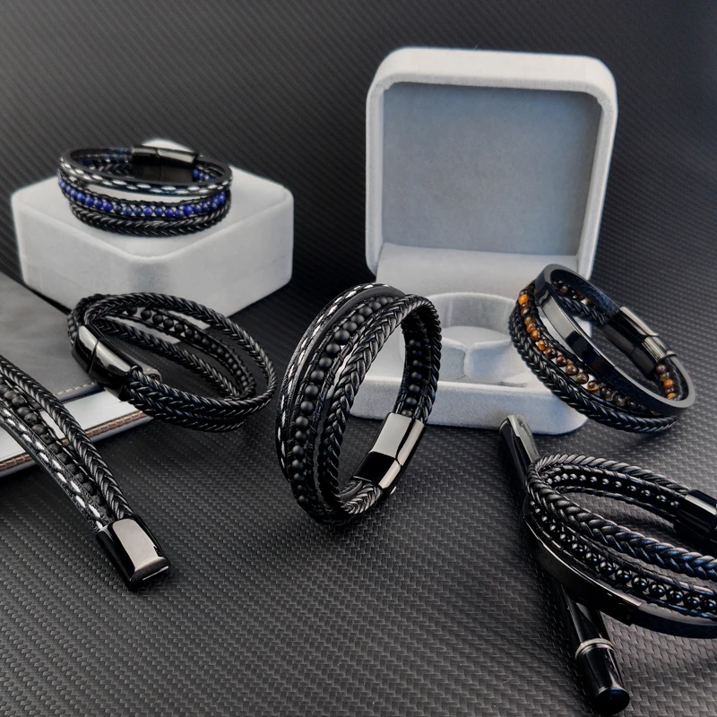 MingAo Punk Stainless Steel Beaded Custom Name Men Charm Bracelet Multi-layer Bangle Leather braid Magnet Clasp bracelet Jewelry