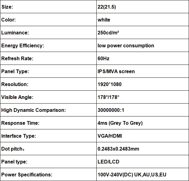 22寸平面显示器规格