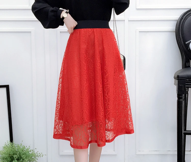 BLLOCUE New 2020 High Waist Mesh Fluffy Skirt Spring Women Fashion Hollow Lace A-line Midi Skirt nike skirt