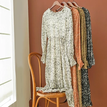 

2020 Spring Dress Women Black Floral Chiffon Korean Dress High Waist Bandage Long Sleeve Vestidos