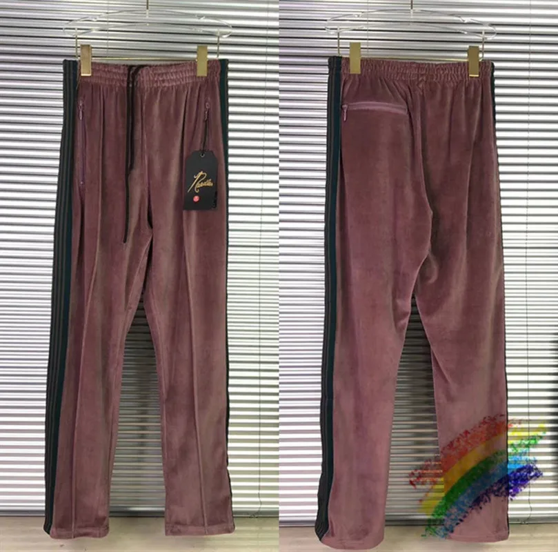 

Velvet Embroidery Needles Sweatpants Men Women 1:1 Top Quality Ribbon Butterfly Striped Needles AWGE Trousers Red Wine Pants
