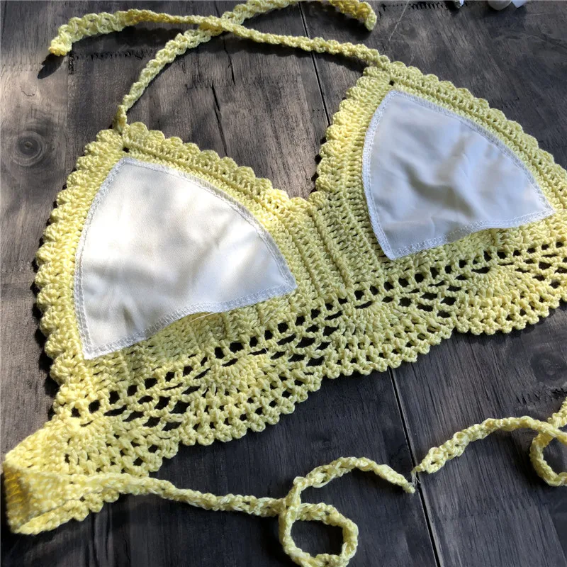 New Bikini Top Handmade Brazilian Solid Women Halter Bralette Knitted Boho Beach Bathing Bikinis Crochet Suit Top Swimsuit