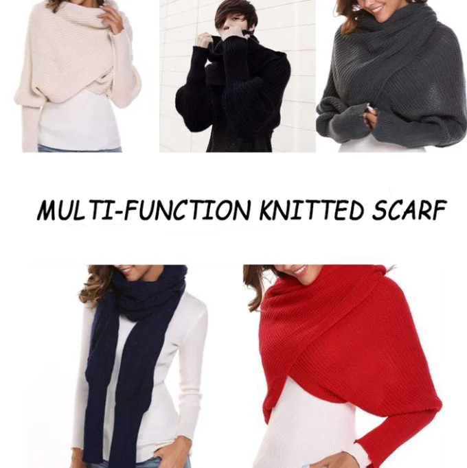 

Winter Crochet Knitted Scarf Shawl with Sleeves Women Winter Warm Soft Knitting Wool Long Sleeve Wrap Drop Shipping