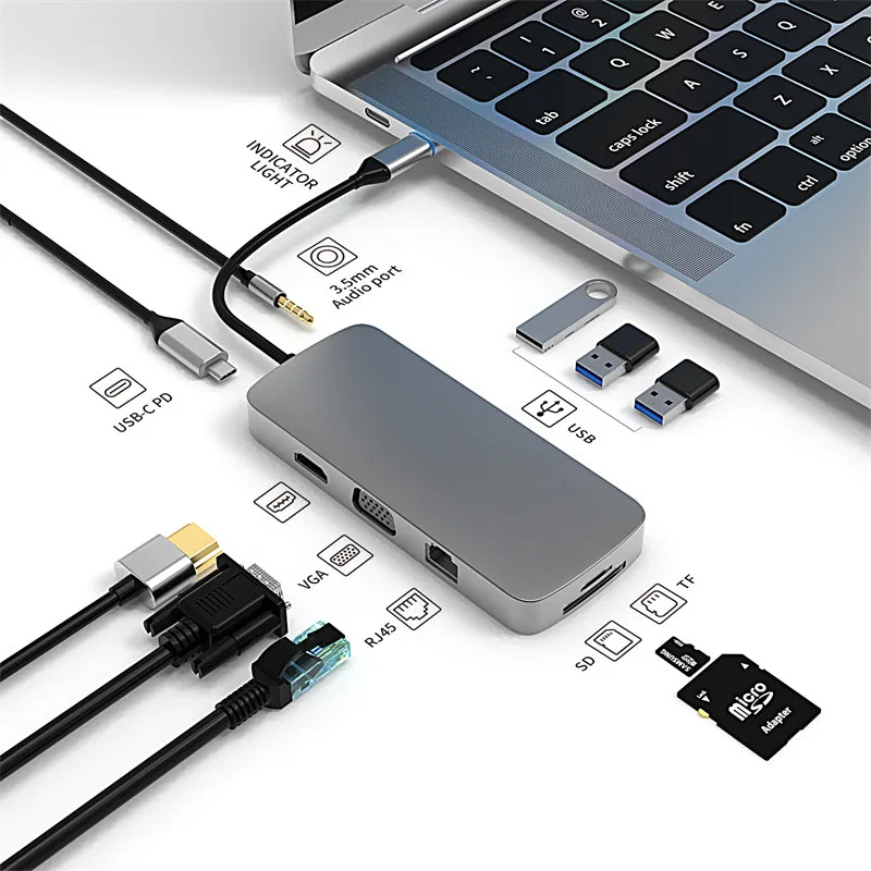 USB-концентратор 10 в 1 HDMI-совместимый адаптер VGA Rj45 100 м USB 3 0 2 док-станция для