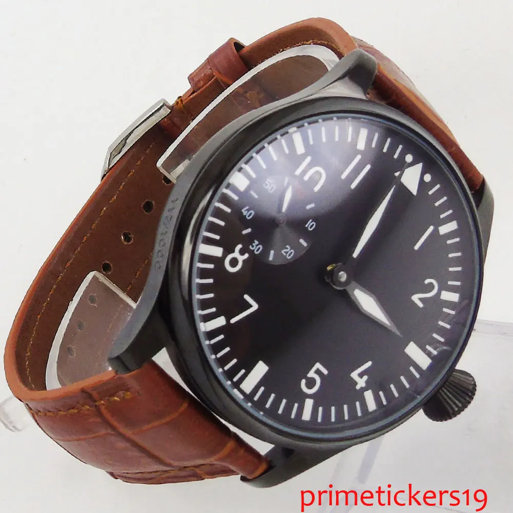 

44mm parnis black dial PVD coated case 6497 hand winding brown strap mens watch 290