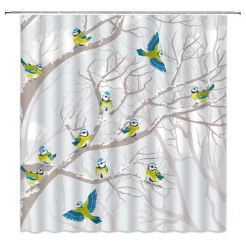 

Bird Forest Shower Curtain Winter Season Decor Birds Playing on Snowy Wilt Tree Branches Nature Art Illustration,Waterproof Gray