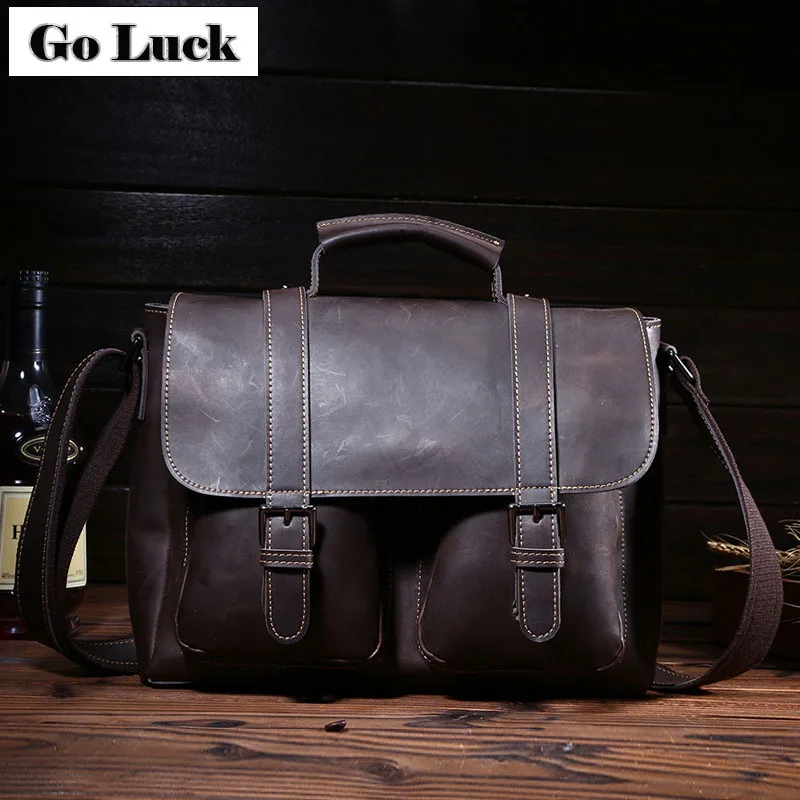 

GO-LUCK Brand Crazy Horse Genuine Leather Bussiness Breifcase Top-handle Handbag Men Messenger Bag Women Cowhide Shoulder Bags