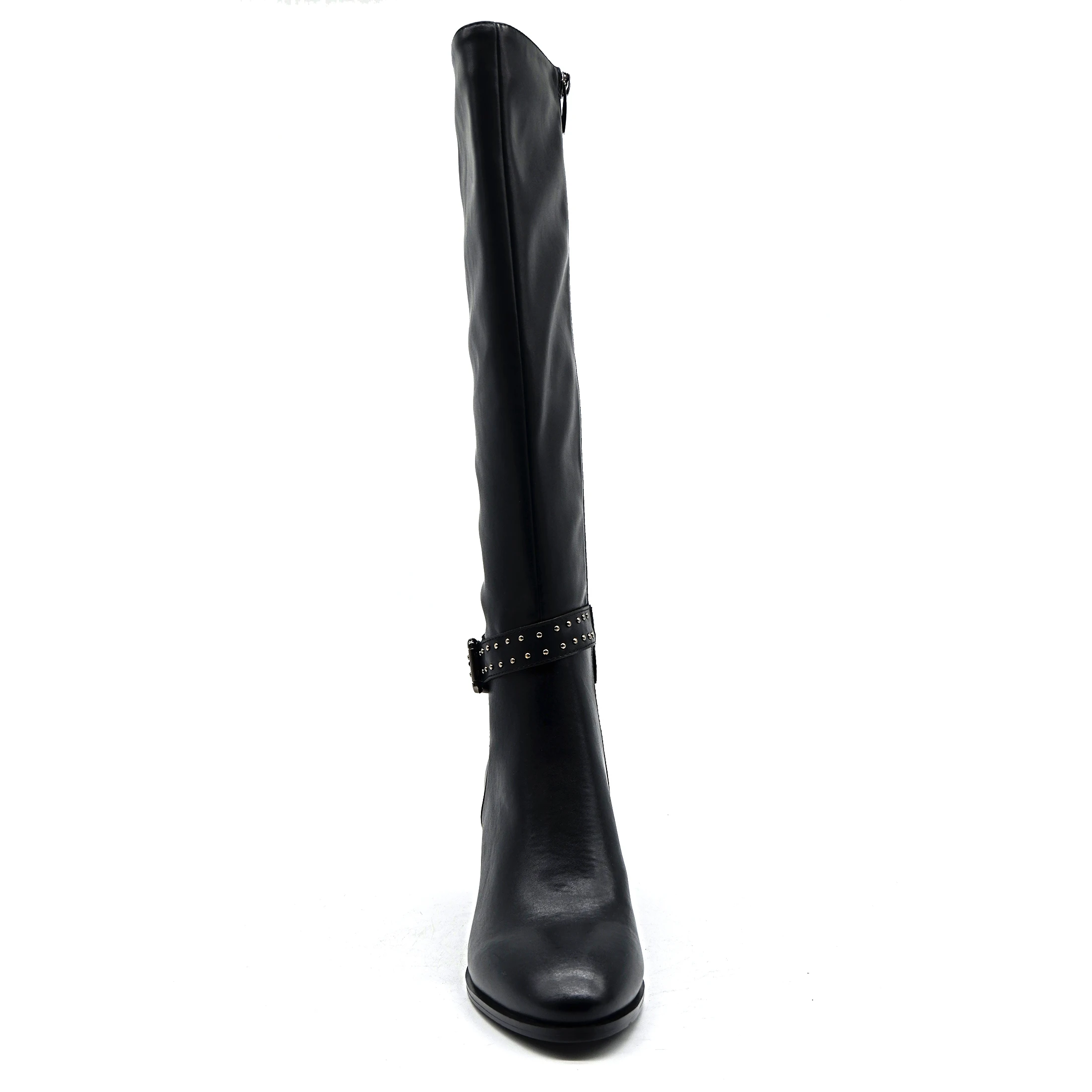 Женские сапоги до колена; сезон осень модные, пикантные черного цвета с заклепками с длинным ремешком; женские туфли с Для женщин на Высоком толстом каблуке, обувь с петлей на резинке