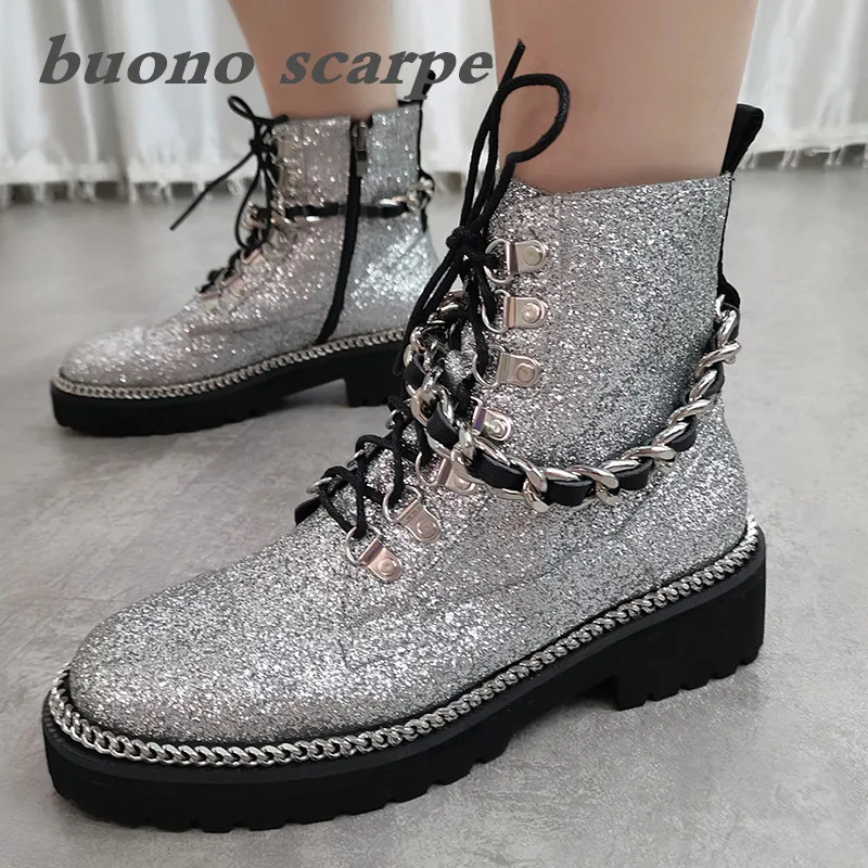 Ботинки martin; Женские ботинки в байкерском стиле с серебряной цепочкой; темно-черные военные ботинки - Цвет: Silver velvet