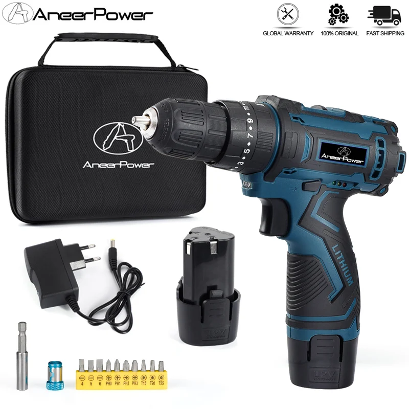 12V Lithium Battery Screwdriver Charging Hand Drill 3 Functions Cordless Impact Drill Waterproof Comfortable Soft Rubber Handle