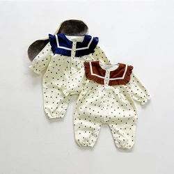 Barboteuse en velours côtelé pour bébés filles, combinaisons imprimées à pois, en coton, col bleu marine, pour nourrissons, nouveau né, printemps et automne 
