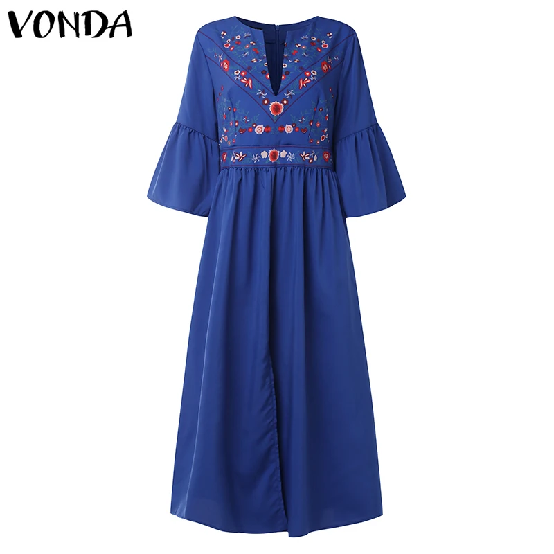 Женское винтажное платье с принтом, VONDA, сексуальное, v-образный вырез, рукав с рюшами, разрезное, макси, длинные платья размера плюс, повседневные, свободные, Vestidos S-5XL