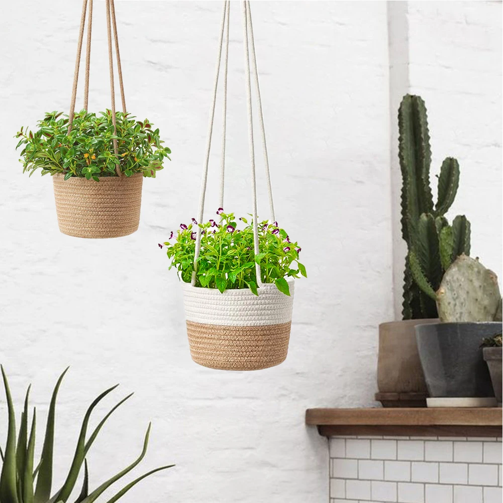 

Handmade Cotton Rope Flower Pot Hanging Basket Knotted Rope Flowerpot Net Bag Horticultural Door Balcony Courtyard Garden Decor