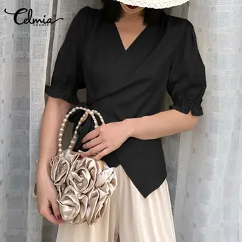 

Celmia Plus Size Women Sexy V Neck Ruffles Fashion Blouse Half Sleeve Summer Top Elegant Casual Elastic Cuffs Blusas Mujer Shirt