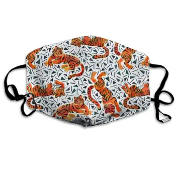 

Watercolor Tigers In Trendy Memphis Style Washable Reusable Mask, Cotton Anti Dust Half Face Mouth Mask For Kids Teens Men