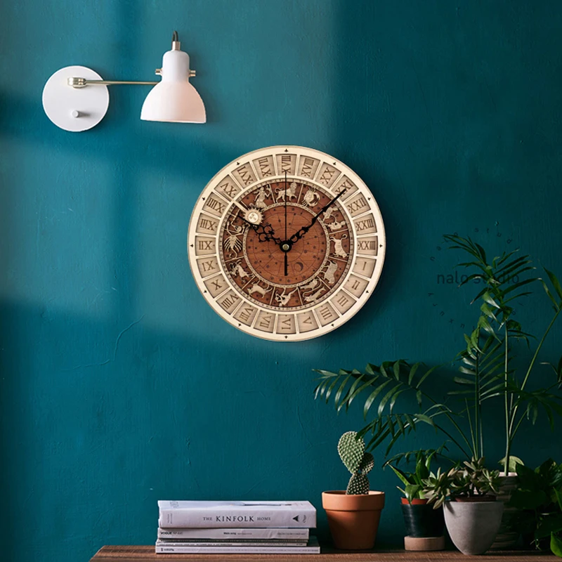 

Hot Creative wall clock Venice Astronomical Wooden Clock Living Room Wall Clock Quartz Clock 12 Constellations Home Decoration
