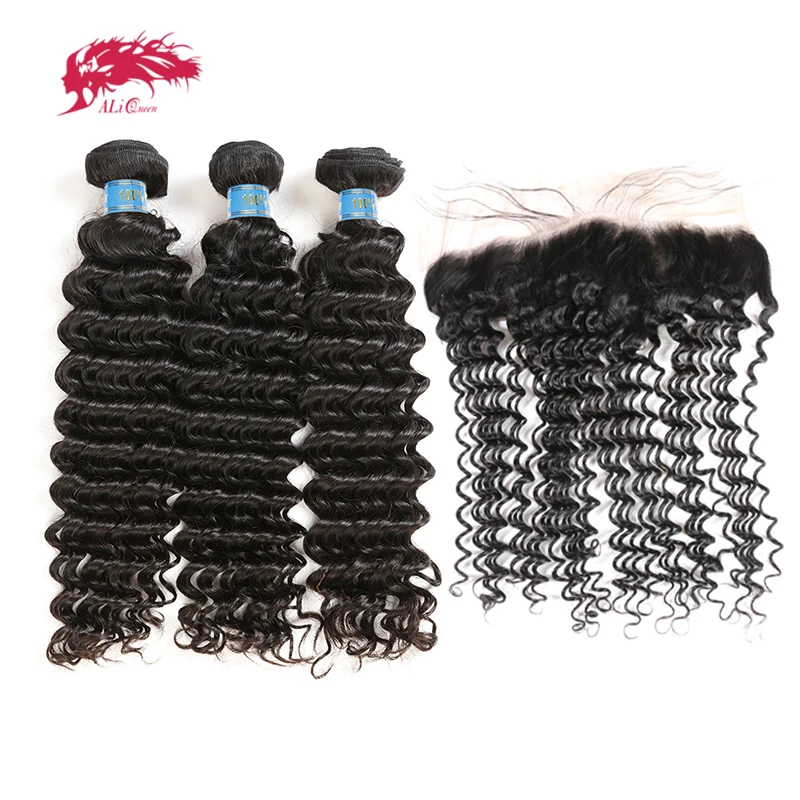 

Ali Queen Hair Peruvian Deep Wave Virgin Human Hair Weaves Bundles With 13X4 Lace Frontal Free Part Natural Color Hair Weft