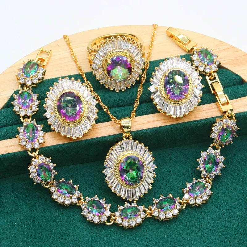 Gold Color Jewelry Sets for Women Wedding Mysterious Rainbow Green Zircon Bracelet Earrings Necklace Pendant Ring Gift