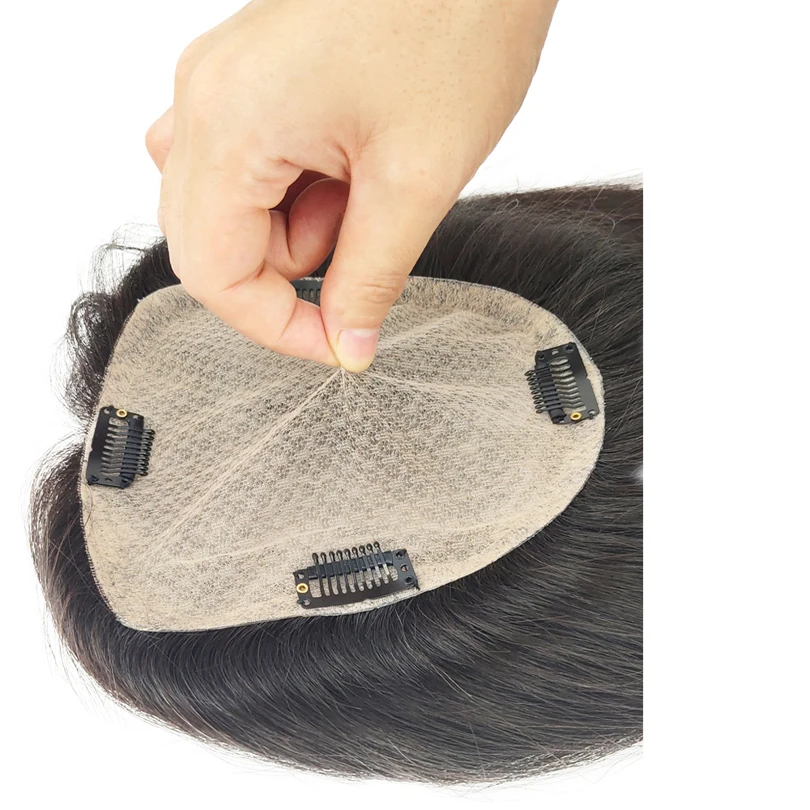 150% Density Curly Human Hair Toppers European Virgin Hair Silk Base Clip in Topper for Women with Thinning Cover Gray