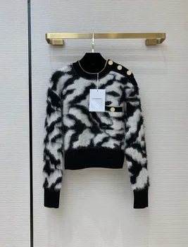 

2020 New Autumn Winter Color Block Button Round Neck Wool Short Sweater Women Free Shipping