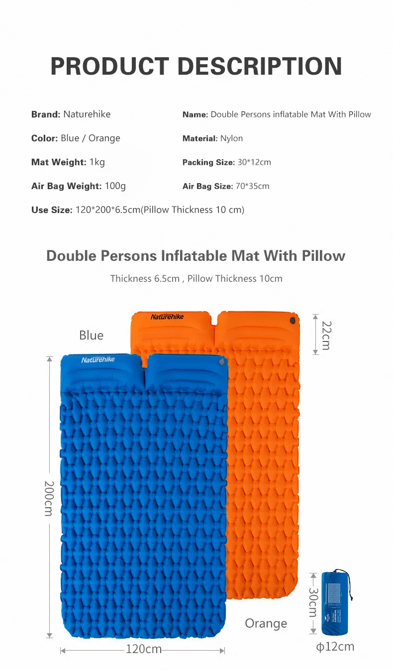 Naturehike Portable Inflatable Mattress 1-2 Person Thickened TPU Camping Mat Ultralight Waterproof Sleeping Pad With Pillow