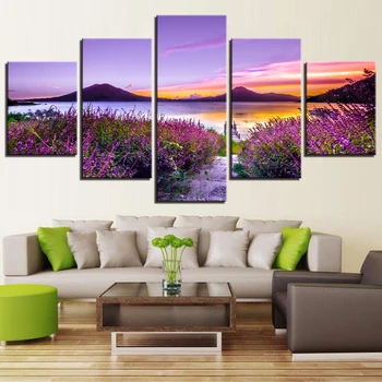 

Sea Mountain Poster Modern Picture Mural Wall Decor Artworks Modular Beautiful Landscape Lavender Flowers HD Prints 5 Pieces