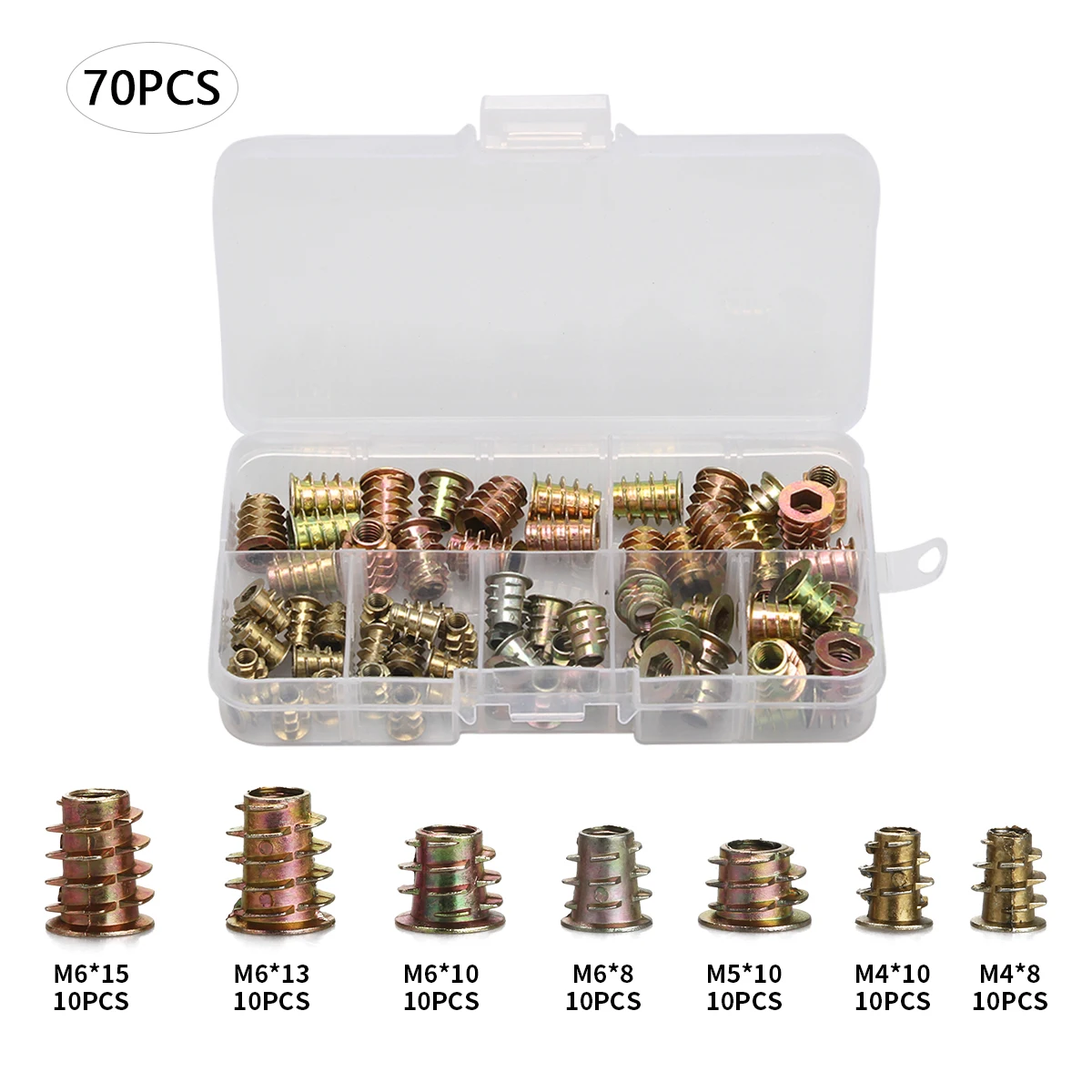 

70Pcs/Set M4*8/10/M5*10/M6*8/10/13/15 Zinc Alloy Thread For Wood Insert Nut Flanged Hex Drive Head Furniture Nuts Assortment Kit